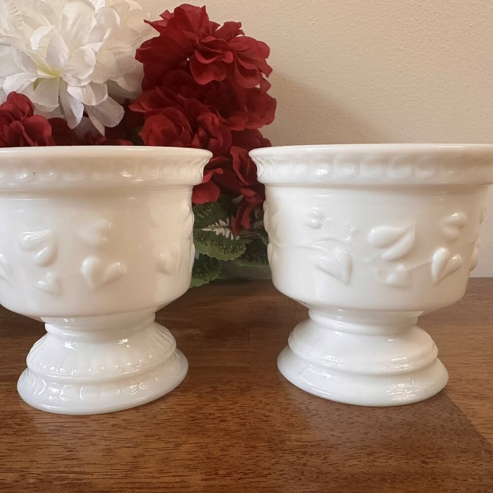 Pair of Vintage Milk Glass Planters Pedestal Base Vine Leaf Design Wedding Decor